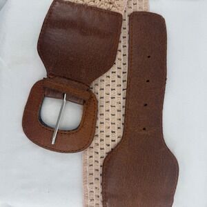 Brown Leather & Crochet Woven‎ Stretch Belt Wide Western Boho Hippie Style